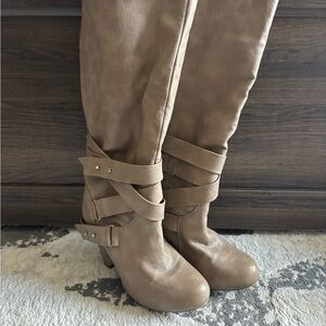 Tall Taupe Women's Riding Boots with Strap Detail